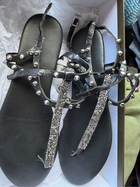 bebe Black Studded & Rhinestone T-Strap Sandals